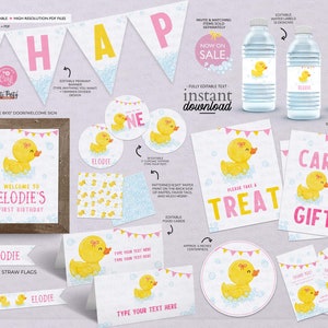 May include: A set of printable party decorations featuring a yellow rubber ducky theme. The set includes a welcome sign, banners, cupcake toppers, water bottle labels, favor tags, and more. The text on the sign reads "Welcome to Elodie's First Birthday".