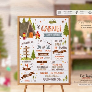 Op de afbeelding: Een afdrukbaar bord voor de eerste verjaardag van een jongen met een kampeerthema. Het bord is versierd met een tent, een kampvuur en een boslandschap. Het bevat de naam van het kind, "Gabriel", en details over zijn eerste jaar, zoals zijn gewicht, lengte en favoriete eten. Het bord is volledig bewerkbaar, zodat je het kunt personaliseren met de informatie van je kind.