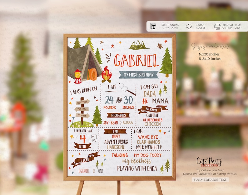 Op de afbeelding: Een afdrukbaar bord voor de eerste verjaardag van een jongen met een kampeerthema. Het bord is versierd met een tent, een kampvuur en een boslandschap. Het bevat de naam van het kind, "Gabriel", en details over zijn eerste jaar, zoals zijn gewicht, lengte en favoriete eten. Het bord is volledig bewerkbaar, zodat je het kunt personaliseren met de informatie van je kind.