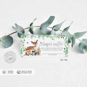 May include: A green and white printable diaper raffle ticket with a cute illustration of woodland animals, including a deer, fox, raccoon, and owl. The text reads "diaper raffle" and "Bring a pack of diapers of any size for your chance to win a prize!"