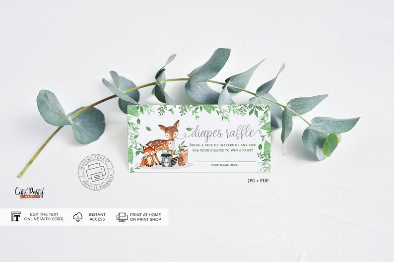 May include: A green and white printable diaper raffle ticket with a cute illustration of woodland animals, including a deer, fox, raccoon, and owl. The text reads "diaper raffle" and "Bring a pack of diapers of any size for your chance to win a prize!"