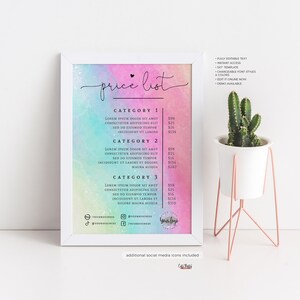 May include: A digital price list template with a watercolor background in shades of pink, blue, and green. The text "price list" is written in a cursive font. The template includes three categories with prices listed for each. Social media icons are included at the bottom of the template.