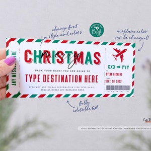 May include: A printable Christmas travel ticket with red, green, and white stripes. The ticket says "Pack your bags! You are going to TYPE DESTINATION HERE". The ticket also has a plane icon and the text "XXX - YYY" and "DYLAN RICHENS" and "SEPT. 20, 2022".