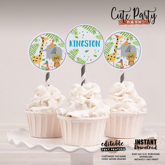 Jungle animals Party Decorations Wild One Cupcake toppers Instant download Printable Digital POD EDITABLE Safari Birthday Cupcake Toppers