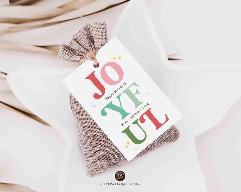 Joyful Christmas Gift Tag Printable INSTANT DOWNLOAD Happy Holidays Colorful Wine Bottle Label Sticker Modern Christmas Festive Favor Tag
