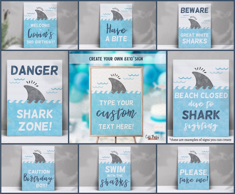 Cartel editable para fiesta de cumpleaños de tiburones: Tema playero para armar (Descarga digital) imagen 1