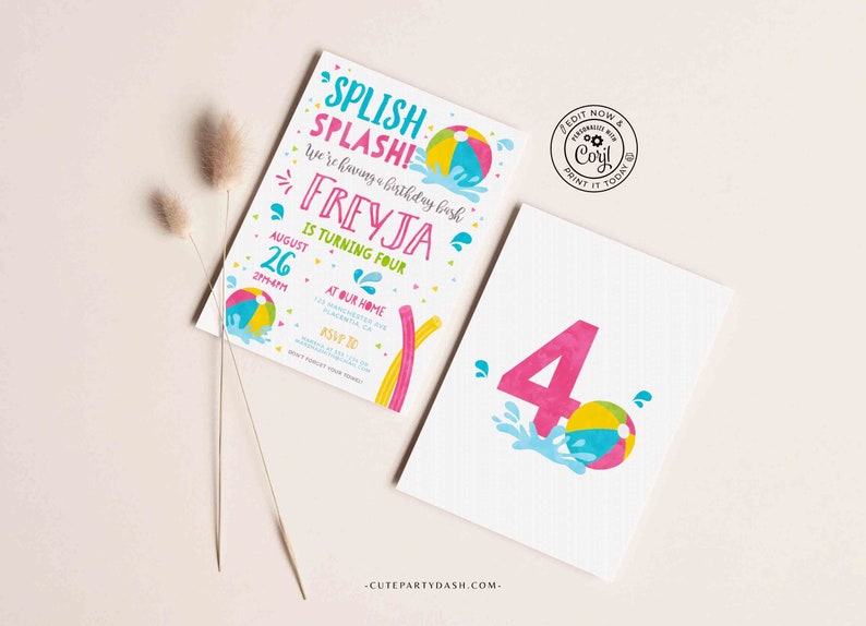 Editable Pool party invitation template Girl INSTANT DOWNLOAD Printable Pool Birthday Summer Theme digital invitation Beach Ball invite 427