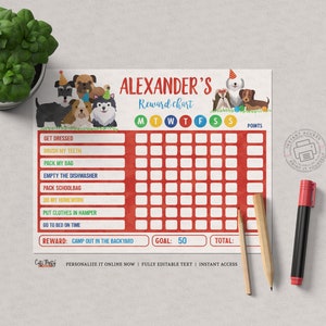 Puede incluir: Un cuadro de recompensas imprimible para ni&ntilde;os con una cuadr&iacute;cula roja con los d&iacute;as de la semana etiquetados de L a D. El cuadro tiene una lista de tareas que los ni&ntilde;os deben completar, como "Vestirse", "Cepillarse los dientes" y "Vaciar el lavavajillas". El cuadro tambi&eacute;n incluye una meta de 50 puntos y una secci&oacute;n de puntos totales. El cuadro est&aacute; decorado con perros de dibujos animados que llevan sombreros de fiesta.