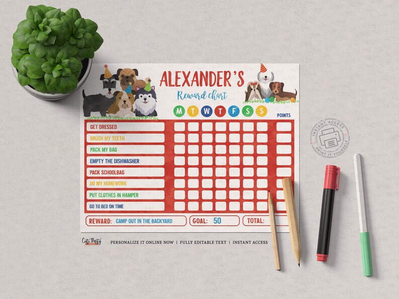 Puede incluir: Un cuadro de recompensas imprimible para ni&ntilde;os con una cuadr&iacute;cula roja con los d&iacute;as de la semana etiquetados de L a D. El cuadro tiene una lista de tareas que los ni&ntilde;os deben completar, como "Vestirse", "Cepillarse los dientes" y "Vaciar el lavavajillas". El cuadro tambi&eacute;n incluye una meta de 50 puntos y una secci&oacute;n de puntos totales. El cuadro est&aacute; decorado con perros de dibujos animados que llevan sombreros de fiesta.