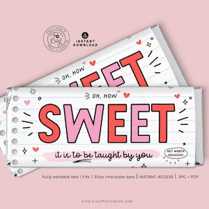Teacher Valentines Day Gift Chocolate Bar Wrapper Printable INSTANT DOWNLOAD Teacher Week Appreciation Gift Idea Candy Bar Tag Editable