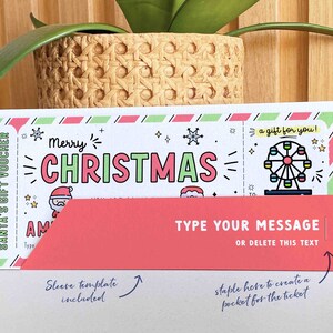 May include: A printable Christmas gift voucher template with a red, green, and white color scheme. The voucher has a festive design with a Santa Claus illustration and the text "Merry Christmas". The voucher is designed to be folded and stapled to create a pocket for the gift voucher.