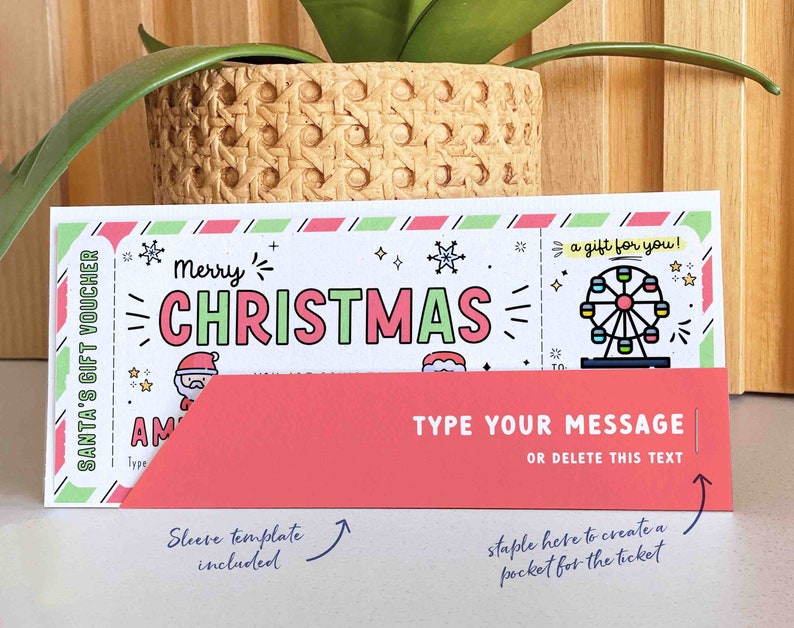 May include: A printable Christmas gift voucher template with a red, green, and white color scheme. The voucher has a festive design with a Santa Claus illustration and the text "Merry Christmas". The voucher is designed to be folded and stapled to create a pocket for the gift voucher.