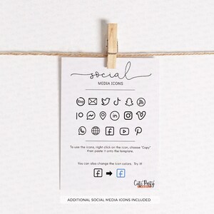 May include: A printable sheet with social media icons, including Facebook, Instagram, Twitter, Pinterest, YouTube, TikTok, and more. The text "social media icons" is at the top of the sheet. The text "To use the icons, right click on the icon, choose 'Copy' then paste it onto the template." is below the icons. The text "You can also change the icon colors. Try it!" is below the instructions. The text "Cute Party Printables" is at the bottom of the sheet.