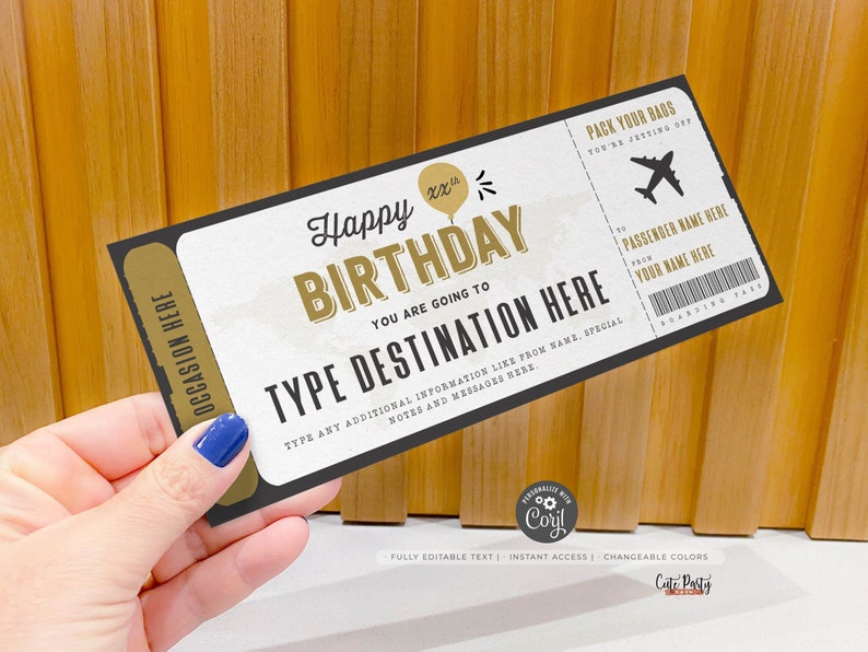 May include: A printable birthday ticket with a gold and black design. The ticket says "Happy Birthday" and "You are going to..." with a space to type in a destination. The ticket also has a space for a passenger name and a barcode.