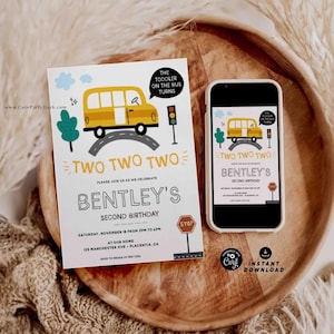 Yellow School Bus Second birthday invitation Printable INSTANT DOWNLOAD Editable Wheels on the Bus themed party 327 Toddler Transportation