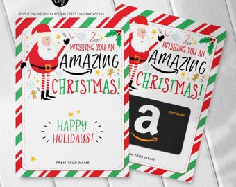 May include: A printable Christmas gift card template featuring a cartoon Santa Claus with the text "Wishing you an amazing Christmas!" and "Happy Holidays!"  The template also includes a gift card design with the Amazon logo and the text "Gift Card".