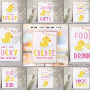 May include: Printable signs for a rubber ducky themed party. The signs feature yellow rubber ducks with pink bows and the text "Cards & Gifts", "Quack Quack Quack It's a Birthday Bash", "Life's Just Ducky When You're One!", "Food & Drinks", "Rub a Dub", "Splish & Splash & Friends & Memories", "Photo Booth", and "Create Your Own Sign!"