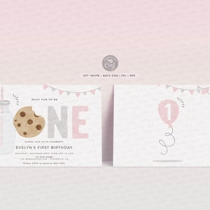 Minimal Milk and Cookies Birthday Girl invitation, INSTANT DOWNLOAD, EDITABLE Minimalist Pink Gray Printable Milk & Cookies Corjl invite