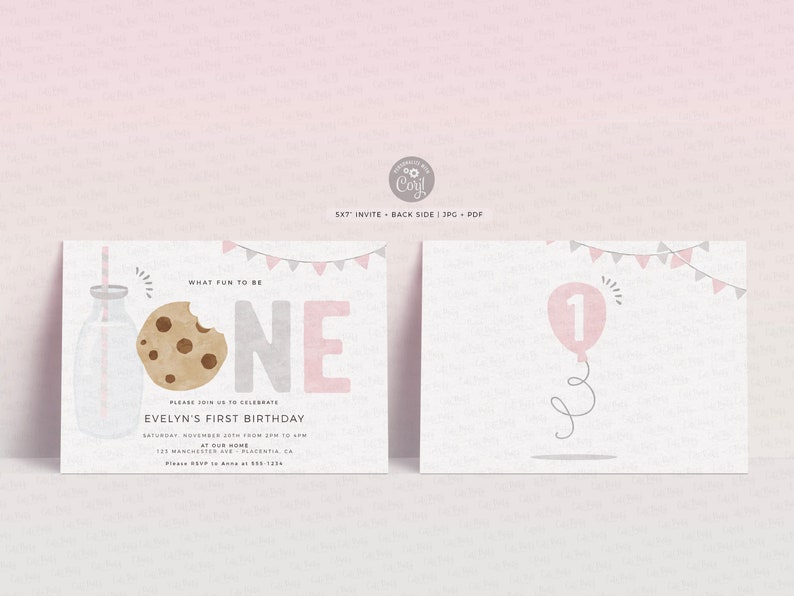 Minimal Milk and Cookies Birthday Girl invitation, INSTANT DOWNLOAD, EDITABLE Minimalist Pink Gray Printable Milk & Cookies Corjl invite