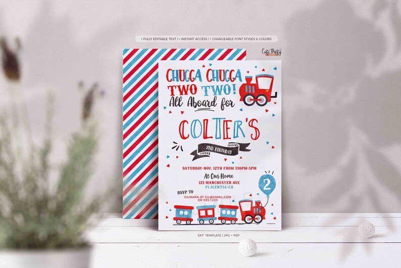 Chugga Chugga Choo choo Train Birthday Party invitations two two Birthday Party printable invitations Watercolors birthday invitations