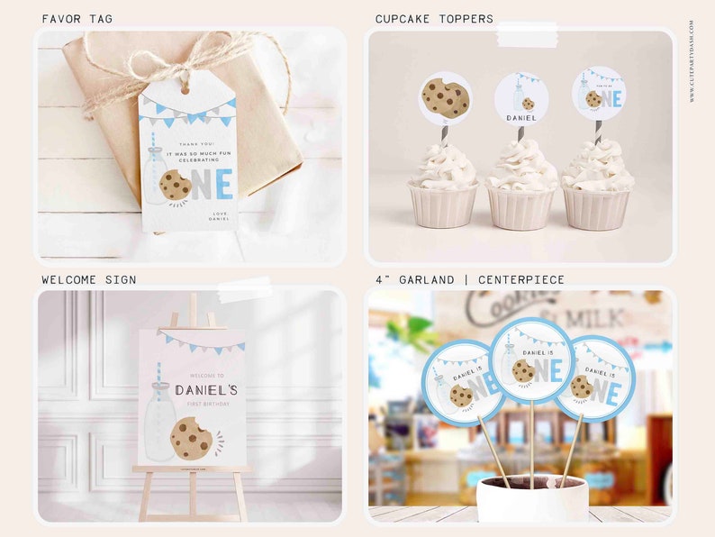 K&ouml;nnte beinhalten: Ein Set mit druckbaren Partydekorationen f&uuml;r eine erste Geburtstagsparty mit Milch- und Keks-Thema. Das Set beinhaltet ein Willkommenszeichen, Geschenkanh&auml;nger, Cupcake-Topper und ein Mittelst&uuml;ck. Die Dekorationen sind in blau und wei&szlig; gehalten und zeigen Illustrationen von Milchflaschen, Keksen und einem Banner.