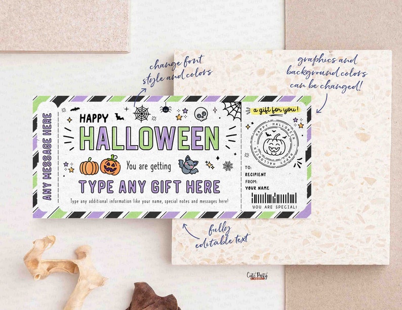 Halloween Gift Tag Certificate Template Surprise Experience Ticket Editable Voucher Certificate Fun Coupon for her kids men INSTANT DOWNLOAD