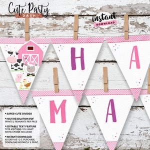 May include: Pink and white triangle banner with the letters "HAMA" in pink and purple. The banner is decorated with pink and white gingham, pink polka dots, and small white triangles. The banner is hanging from clothespins on a white wooden background. The text "Cute Party Dash" and "instant download" is visible in the image.