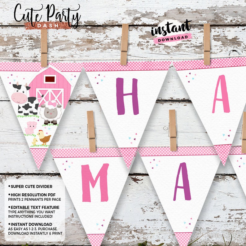 May include: Pink and white triangle banner with the letters "HAMA" in pink and purple. The banner is decorated with pink and white gingham, pink polka dots, and small white triangles. The banner is hanging from clothespins on a white wooden background. The text "Cute Party Dash" and "instant download" is visible in the image.