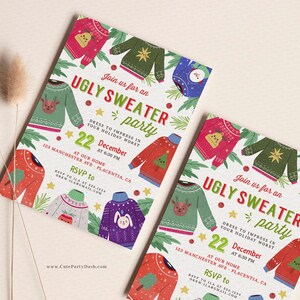 May include: A festive invitation to an Ugly Sweater party on December 22nd at 6:30 PM. The invitation features a colorful design with various cartoon ugly sweaters. The text reads "Join us for an Ugly Sweater party" and includes the date, time, and address. RSVP to ILA at 558.1234 or ORKW.ILARGMAIL.COM.
