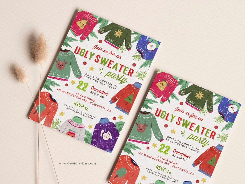 May include: A festive invitation to an Ugly Sweater party on December 22nd at 6:30 PM. The invitation features a colorful design with various cartoon ugly sweaters. The text reads "Join us for an Ugly Sweater party" and includes the date, time, and address. RSVP to ILA at 558.1234 or ORKW.ILARGMAIL.COM.