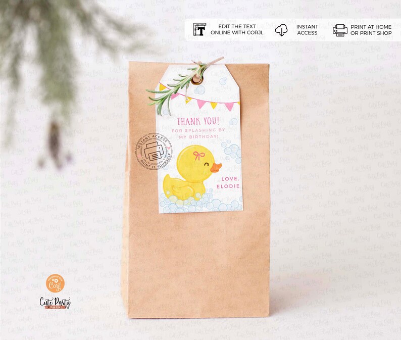May include: A yellow rubber ducky with a pink bow in its hair is floating in a tub of bubbles. The ducky is surrounded by white bubbles. The text "Thank You! For splashing by my birthday! Love, Elodie" is printed on the tag.
