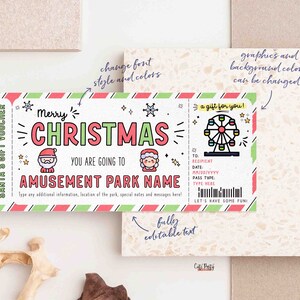 May include: A printable Christmas gift voucher for an amusement park. The voucher is decorated with a red and green striped border, snowflakes, and cartoon characters. The text reads "Merry Christmas, You are going to [AMUSEMENT PARK NAME], Let's have some fun!"
