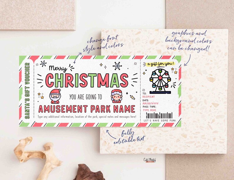 May include: A printable Christmas gift voucher for an amusement park. The voucher is decorated with a red and green striped border, snowflakes, and cartoon characters. The text reads "Merry Christmas, You are going to [AMUSEMENT PARK NAME], Let's have some fun!"