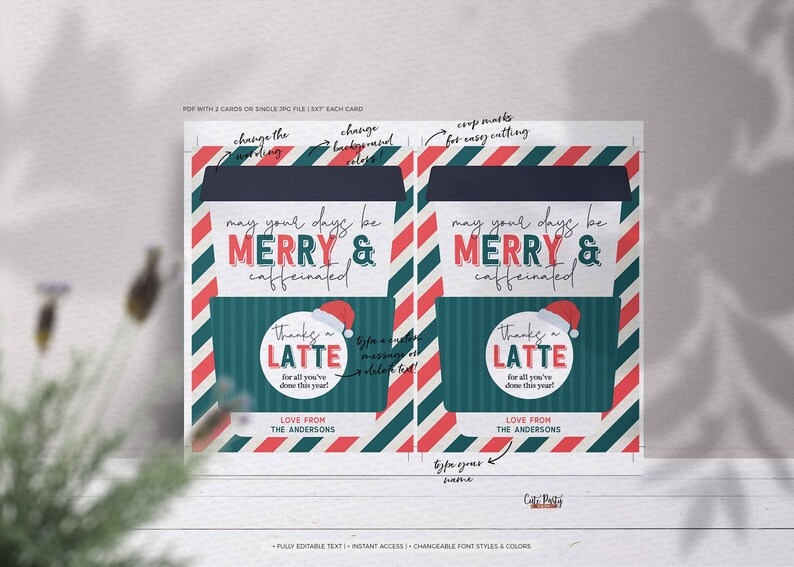 Editable May your days be Merry & Caffeinated Christmas Holiday Coffee Gift Card Holder, Thanks a Latte Gift card , INSTANT DOWNLOAD