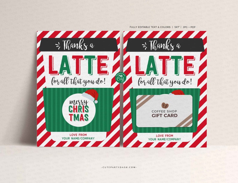Editable Christmas Thanks a Latte Christmas Coffee Gift Card Holder template, Printable Teacher Thanks a Latte Gift card, INSTANT DOWNLOAD