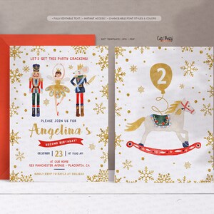 May include: A printable invitation for a second birthday party with a Nutcracker theme. The invitation features a ballerina, a nutcracker, and a mouse king. The invitation also includes a rocking horse and a balloon with the number 2 on it.