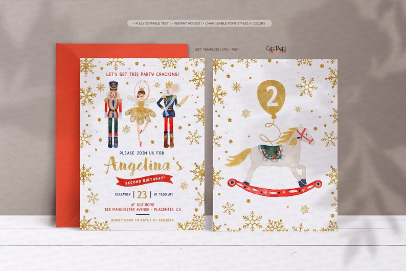 May include: A printable invitation for a second birthday party with a Nutcracker theme. The invitation features a ballerina, a nutcracker, and a mouse king. The invitation also includes a rocking horse and a balloon with the number 2 on it.