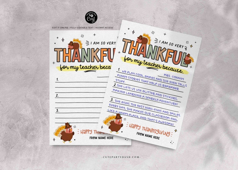 May include: Printable Thanksgiving activity for kids to write what they are thankful for their teacher. The printable features a cartoon turkey with a pilgrim hat and the text "I am so very thankful for my teacher because..."