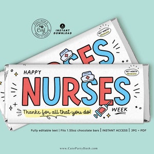 Krankenschwestern-Woche-Schokoriegel-Verpackung SOFORT-DOWNLOAD Geschenk für Krankenschwester-Wertschätzung Druckbares Dankeschön-Schokoriegel-Verpackungspapier Bearbeitbare medizinische Versorgung