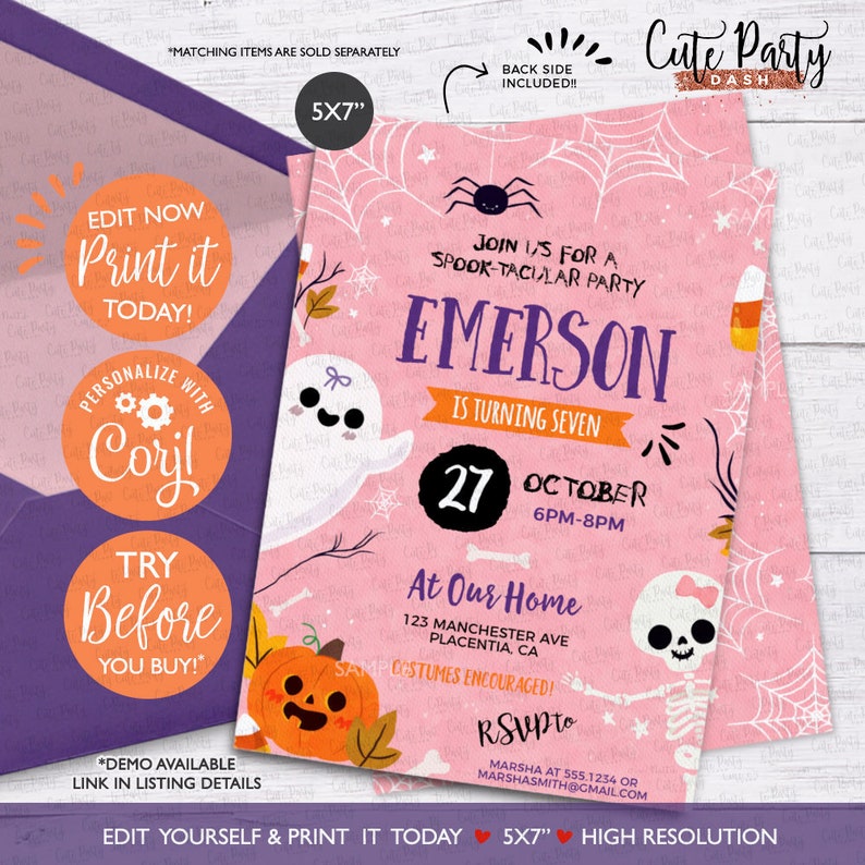 Halloween Birthday Invitation Girl Pink Halloween Invitation Etsy