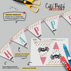 Editable Itsy Bitsy spider First birthday Girl Party banner