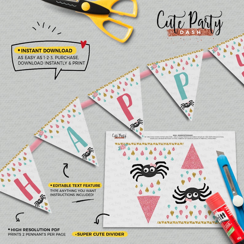 Editable Itsy Bitsy spider First birthday Girl Party banner