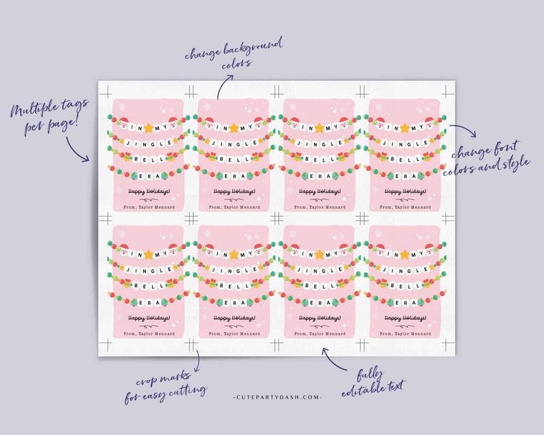 May include: Printable Christmas gift tags with a pink background and a garland of jingle bells with the text "Jingle My Bells Era!" and "Happy Holidays! From: Taylor Maynard".