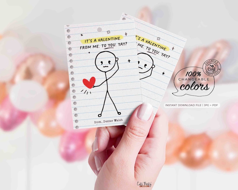 Funny Kids Valentine's Day Cards Printable INSTANT DOWNLOAD Classroom Kids School Tag Happy Valentine's EDITABLE Stick Figure Humor Card