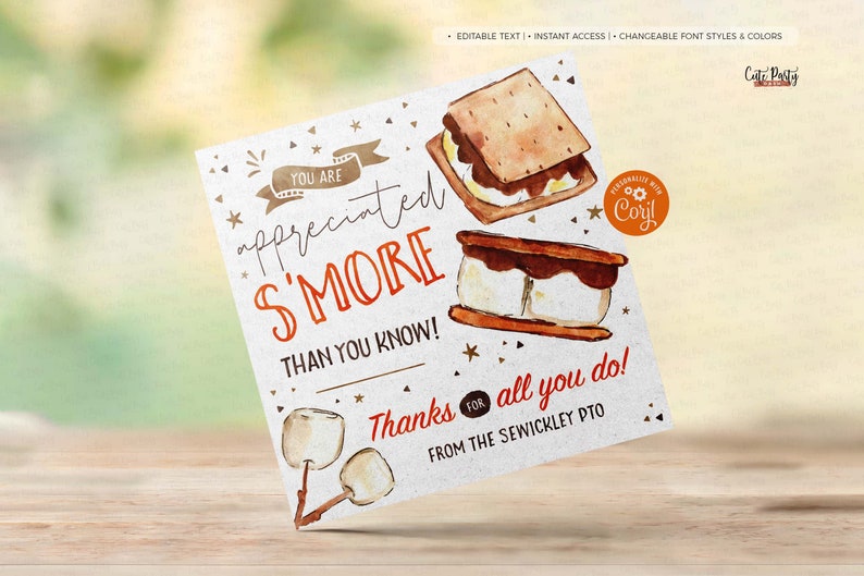 Editable S'more Appreciation Gift Tag, Teacher Staff Employee School Pta Pto, You are smore appreciated tag template INSTANT DOWNLOAD, TG062 image 2