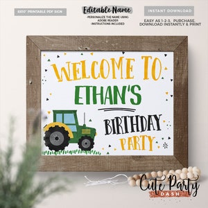 May include: Printable 8x10 inch sign with a green tractor, yellow and green confetti, and the text "Welcome to Ethan's Birthday Party".