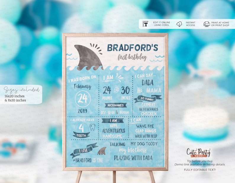 Puede incluir: Un cartel de primer cumplea&ntilde;os imprimible azul y blanco para un ni&ntilde;o con un dise&ntilde;o de aleta de tibur&oacute;n. El cartel incluye el nombre del ni&ntilde;o, la edad, el peso, la altura y otros hitos. El texto en el cartel dice "Bradford's first birthday", "I was born on February 24, 2019", "I am 24 pounds and 30 inches", "I can say Dada Hi Mama", "I already have 4 teeth", "I am happy adventurous handsome", "I can wave bye clap hands walk with help", "I love talking my dog Toddy my brothers playing with Dada", "So yummy oatmeal blueberries chicken".