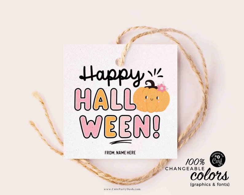 May include: A printable Halloween gift tag with a cute pumpkin illustration and the text "Happy" "Hallo" "ween!" in pink and orange letters. The tag also includes the text "From, Name Here".