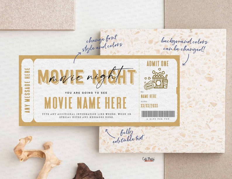 May include: A printable movie ticket template with a gold border and a white background. The text says "Movie Night" and "You are going to see Movie Name Here". The ticket also has a space for the name, date, and a message.