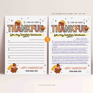 Peut inclure: Carte de remerciement de Thanksgiving imprimable avec une illustration de dinde et une section &agrave; compl&eacute;ter pour que les &eacute;l&egrave;ves &eacute;crivent pourquoi ils sont reconnaissants envers leur professeur. La carte dit "Je suis tellement reconnaissant pour mon professeur parce que..." et "Joyeuses F&ecirc;tes de Thanksgiving !"